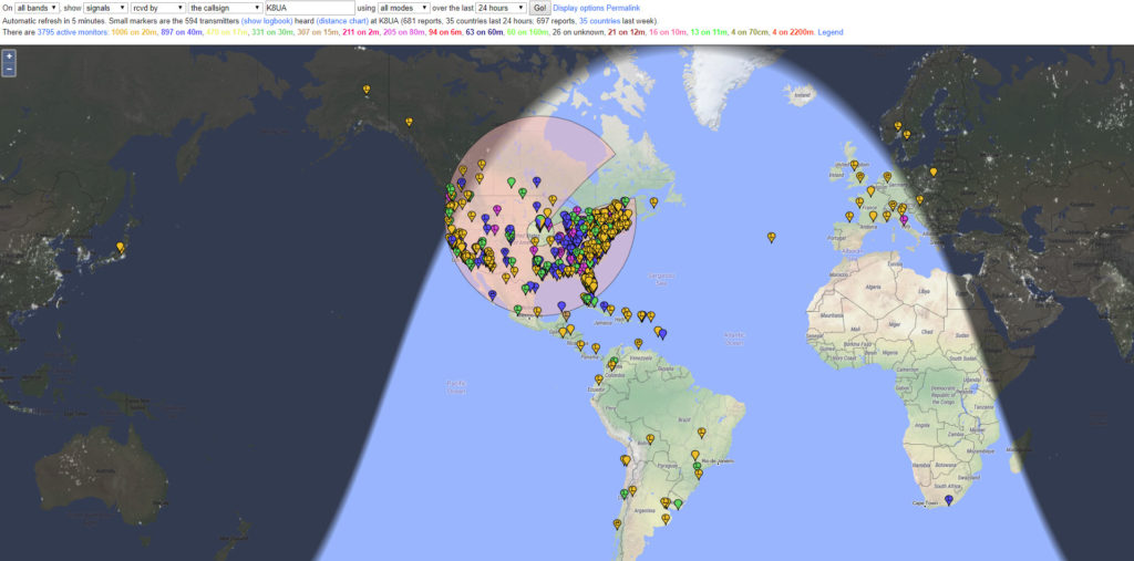 PSK reporter propagation map as I tested my antenna on FT8 in November 2018.