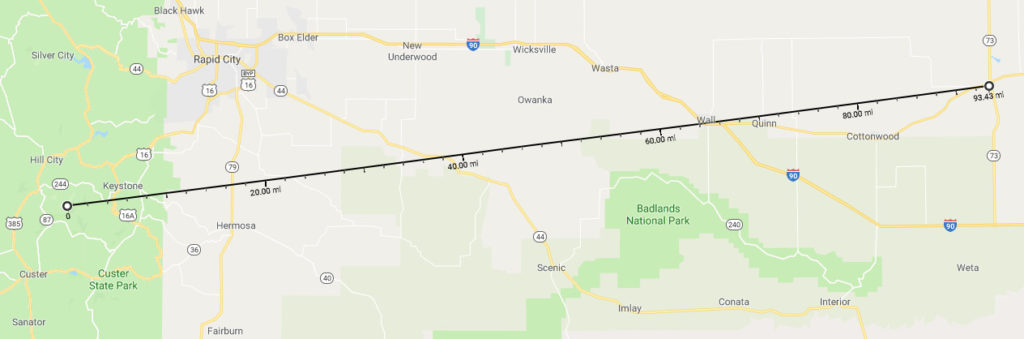 Google Maps shows straight-line path of my radio contact with the N0OMP repeater from Black Elk Peak