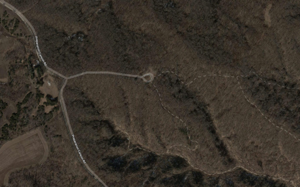 Satellite map of a part of the Preparation Canyon State Park that I used to select my field radio operating location for the Parks on the Air activation