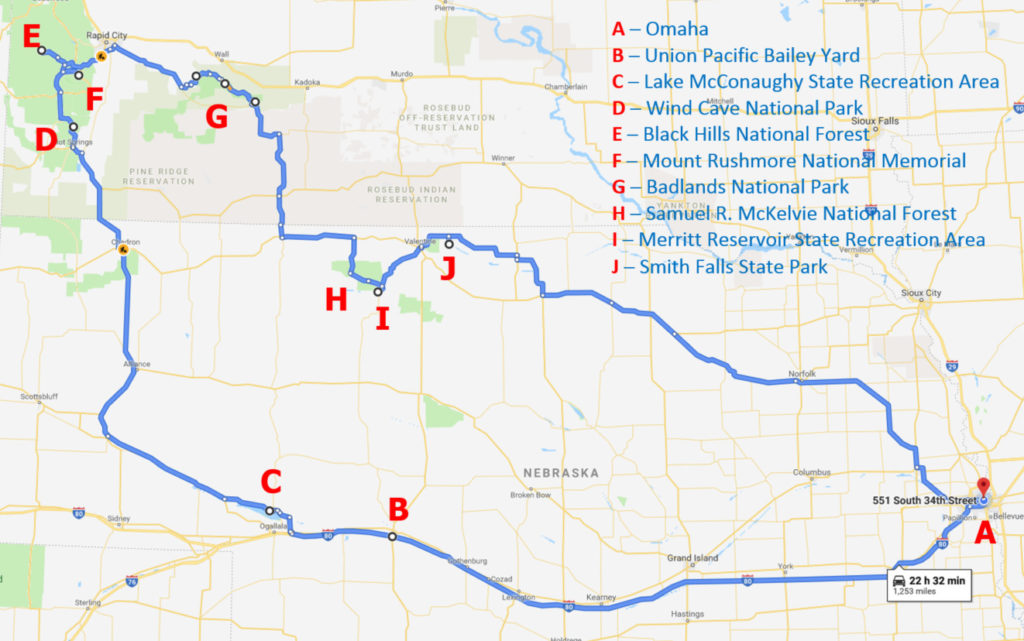 The route of our trip, including Bailey Yard, Lake McConaughy, Wind Cave National Park, Black Hills National Forest, Mount Rushmore National Memorial, Badlands National Park, Merritt Reservoir State Recreation Area, Smith Falls State Park.