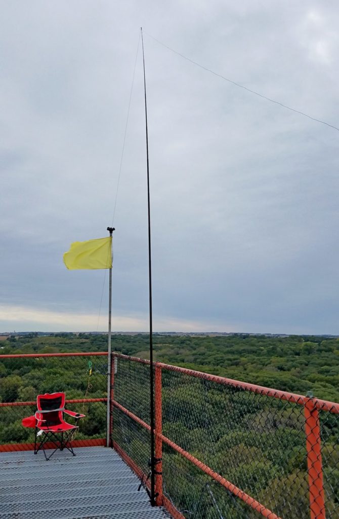 The Packtenna random wire antenna is supported by the Tactical Mini fiberglass telescoping mast from SOTAbeams.
