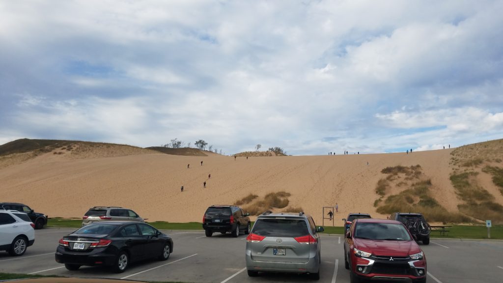 The 130-foot sand dune near the trailhead of the Dune Climb at the Sleeping Bear Dunes National Lakeshore in Michigan.