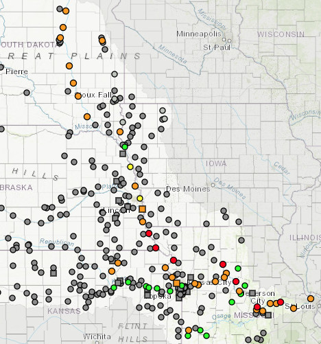 Current river stages in the Missouri River basin.