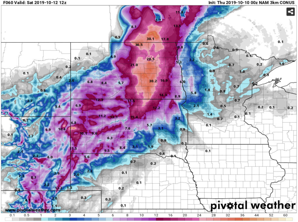 Snow accumulation forecast from the winter storm Aubrey for the Upper Midwest.