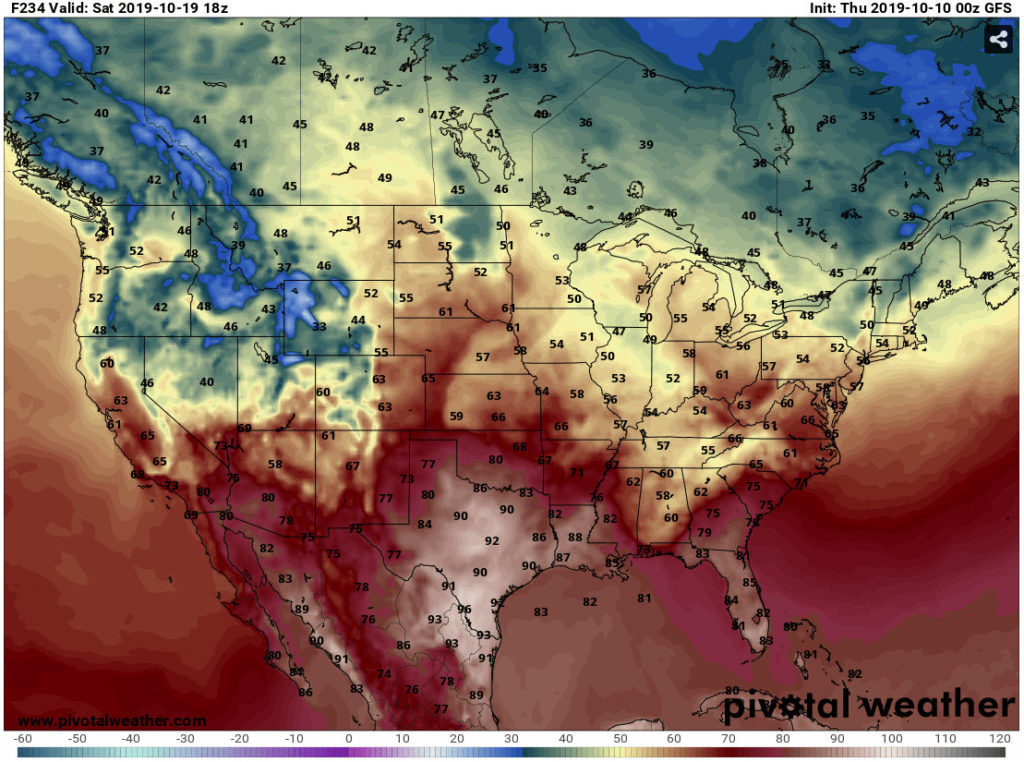 Temperature forecast for the United States for mid-October 2019.