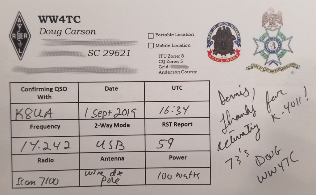 A QSL card recognizing the contact between two amateur radio stations during the Parks on the Air activation.