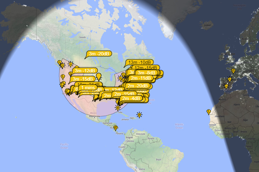 Propagation test results for Hustler 6BTV, visualized by PSK reporter.