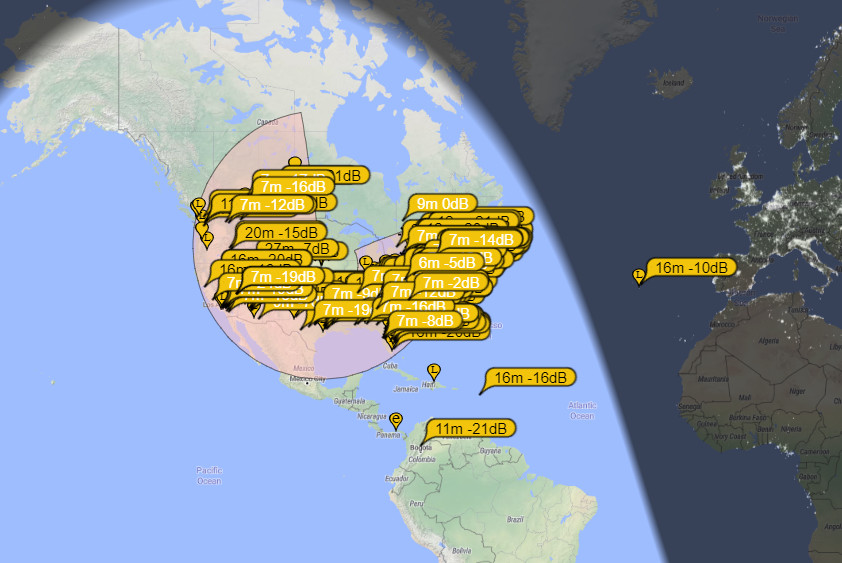 Propagation test results for SuperAntenna MP1 with the MFJ-1979 whip, visualized by PSK reporter.