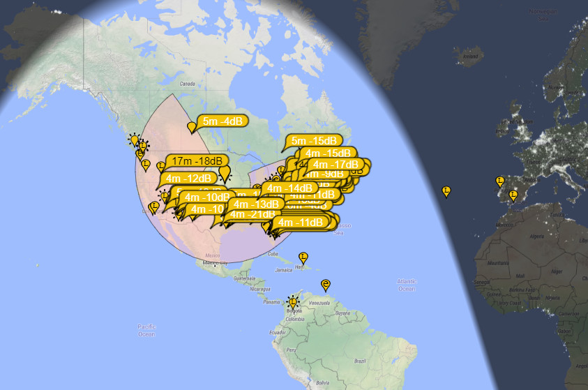 Propagation test results for SuperAntenna MP1 with the stock whip, visualized by PSK reporter.